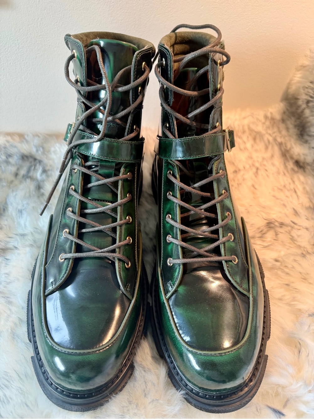Polished Dark Green Leather Lace-Up Buckle Combat Boots for Men - Picture 3 of 9